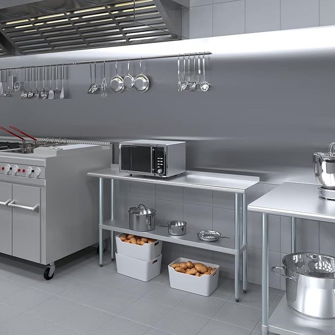 AmGood 60" Long x 14" Deep Stainless Steel Work Table with 1.5" Backsplash | Metal Kitchen Food Prep Table | NSF