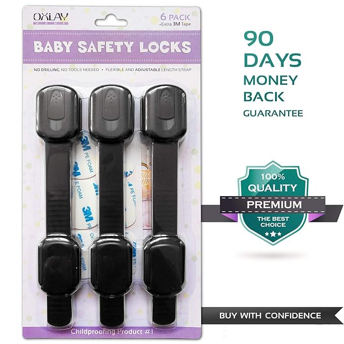 Baby Proofing Safety Cabinet Locks - Child Proof Latches for Drawer Cupboard Dresser Doors Closet Oven Refrigerator - Adjustable Childproof Straps by Oxlay - Black - 6 Pack