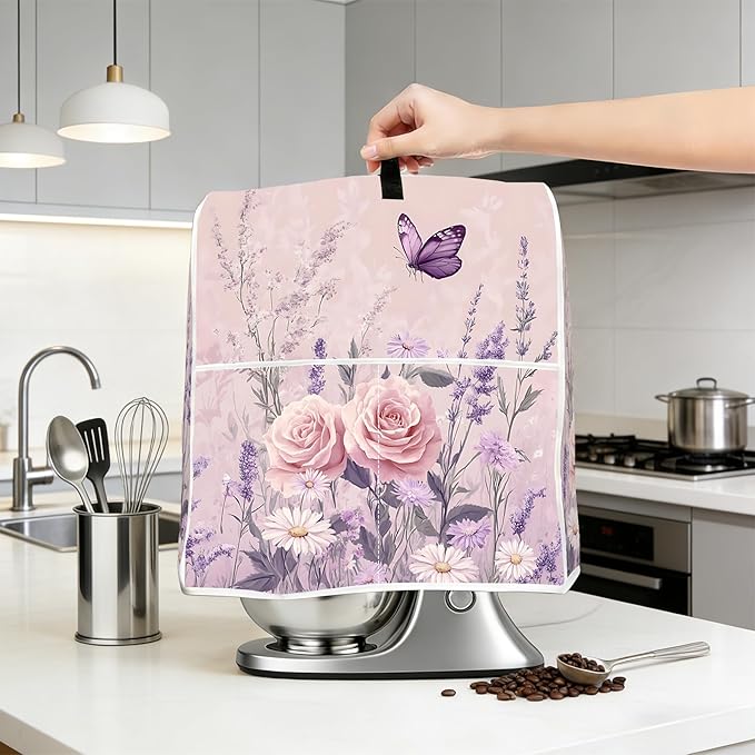 Stand mixer cover with handle and storage bag, reusable and washable, stylish retro floral design, keeps kitchen countertops clean and tidy (fits 6-8 quart mixers).