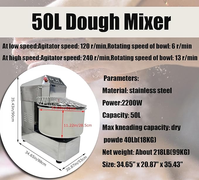 50QT Commercial Stand Dough Mixer Double Action Fast and Slow Speed Spiral Electric Flour Mixing Machine for Professional Bread Making Kneading Machine with Speed Time Control 50L 2200W