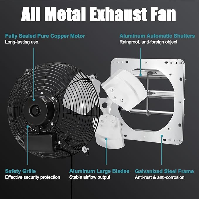 Criditpid 14 Inch Shutter Exhaust Fan, Wall Mounted Vent Fan for Garage, Attic, Greenhouse, Shop, Chicken Coop, 1088 CFM 1450 RPM High-Speed Louvered Exhaust Fan with ON/OFF Switch 1.8M Power Cord Kit
