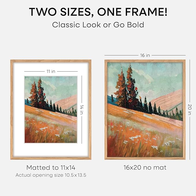 Homeforia 16x20 Wooden Frame, High End Natural Oak 16x20 Light Wood Picture Frame with Mat 11x14, 16 by 20 Poster Frames Matted to 11 x 14 Photo, 20by16 Thin Frames, Tempered Glass, Wall Kit, Set of 3