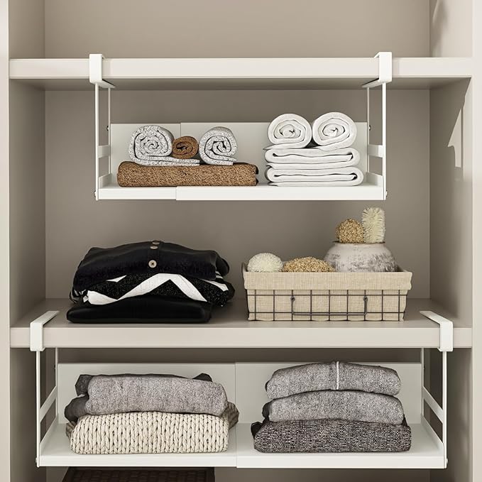 Expandable Under Cabinet Shelf Organizer with 0.94-Inch Thick Clips, Heavy Duty Extendable Under Shelf Storage Basket for Pantry or Laundry Room, White, 2 Pack, Interior: 4.13" H x 8.54" D