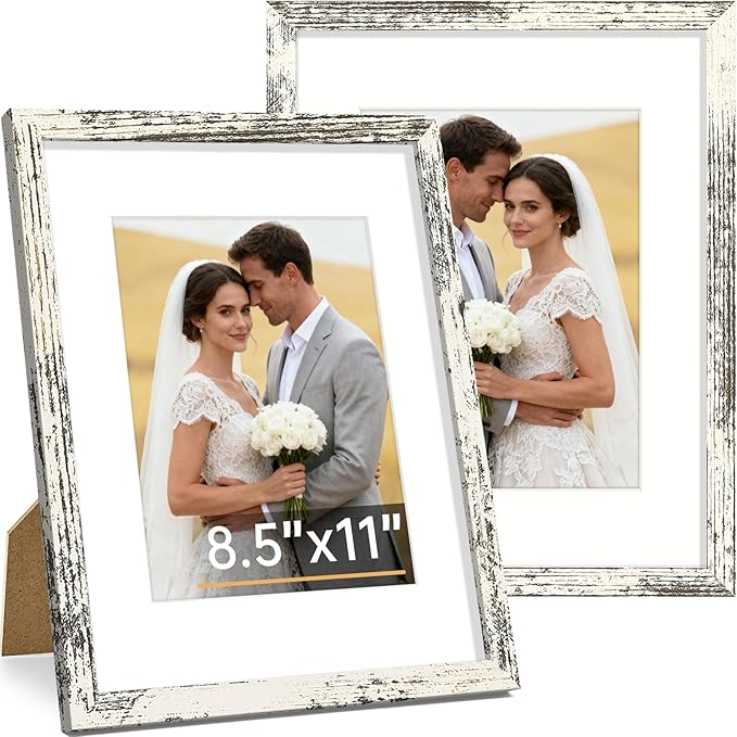 Vittanly 8.5x11 Picture Frame Set of 2, Solid Wood Frame for Wall or Tabletop, Display Photo 6x8 with Mat or 8.5x11 without Mat, Distressed White