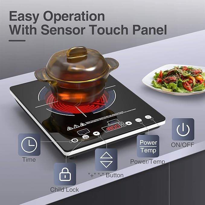 Electric Cooktop Single Burner, 1800W Electric Stove Top with Touch Control, 9 Power Levels, Kids Safety Lock & Timer, Overheat Protection,110V Induction Cooktop