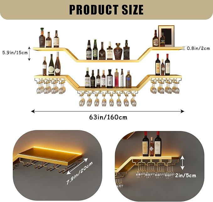 63in Modern LED Wine Rack Wall Mounted, 3-Tier Floating Bar Shelves with Wine Glass Rack, Large Hanging Liquor Shelf Wall Mounted, for Home Bar Dining Room Cafe Decorative (Gold, 63in/160cm)