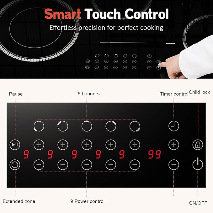 30 Inch Electric Cooktop, 5 Burner Electric Stove Top Touch Control, 8400W Built-in Ceramic Stovetop Burner 30" with Expandable Zone, Child Lock, Timer, Overheat Alert, 220-240v Hardwired