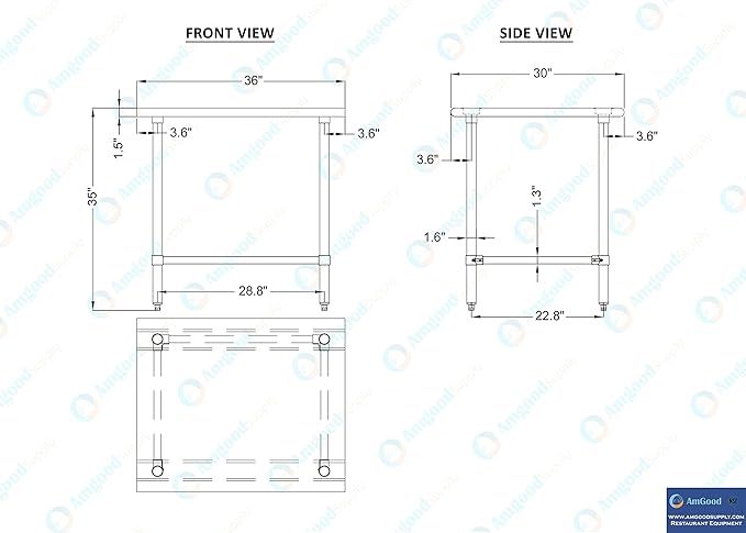 AmGood Stainless Steel Work Table Open Base | NSF Kitchen Island Food Prep | Laundry Garage Utility Bench (36" Long X 30" Deep)