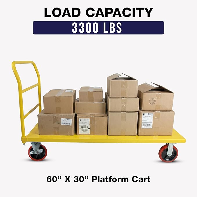 Platform Cart Industrial Dolly Cart 3300LB Heavy Duty 60” x 30” Platform Hand Truck Push Cart Super Heavy Duty Diamond Plate Commercial Flatbed Cart 8'' Moving Swivel Wheels (Yellow)