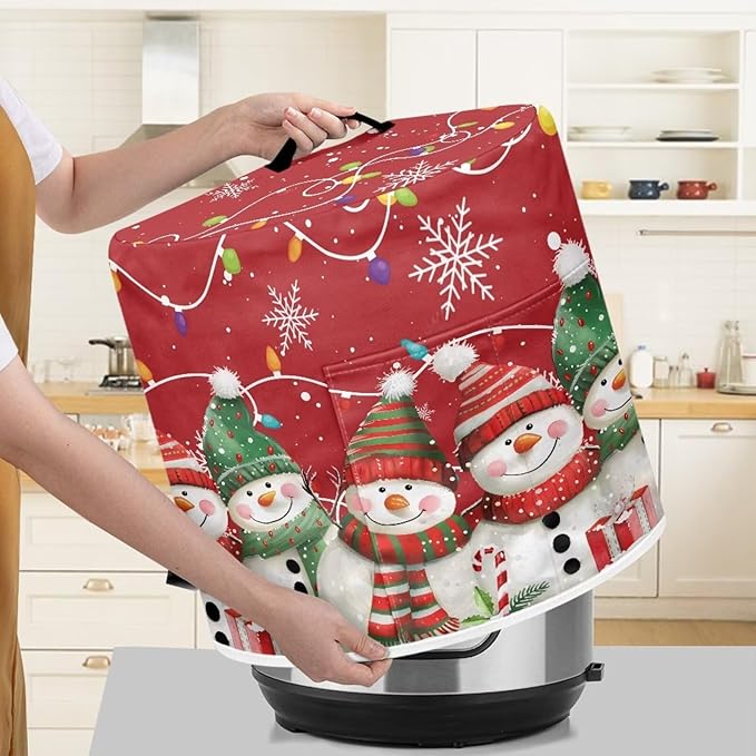 Christmas Theme 8 Quart Pressure Cooker Cover with Top Handle and Storage Pocket Cute Snowman Bulb Lights Print Kitchen Appliance Air Fryer Rice Cooker Protector Cover