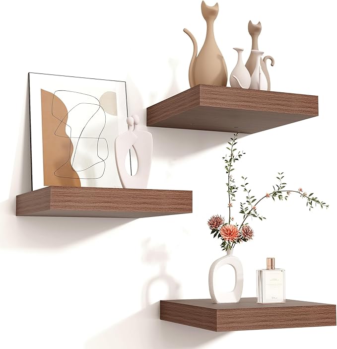 Square Floating Shelves for Wall 8"W x 8"D x 1.2"H, Small Engineered Wood Wall Shelves with Invisible Brackets for Living Room Bedroom Bathroom Office Kitchen Storage & Decor, Walnut Finish, Set of 3