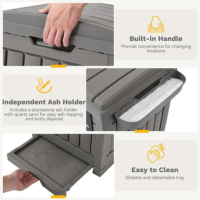 DWVO 38 Gallon Outdoor Trash Can, Resin Garbage Bin with Lid, Includes 2 Sorting Labels, Ash Holder, Stakes & Suction Cups, Hideaway Storage for Patio Backyard Garden, Light Brown