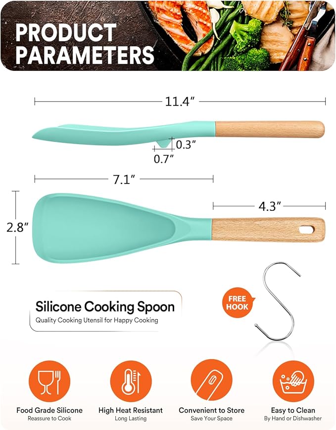 Cooking Spoon for Nonstick Cookwares, Great for Cooking and Serving Sturdy BPA-Free Matte Silicone, Wood Handle Spoon for Mixing, Scoop, and Scrape (GREEN, 11.4 inch)