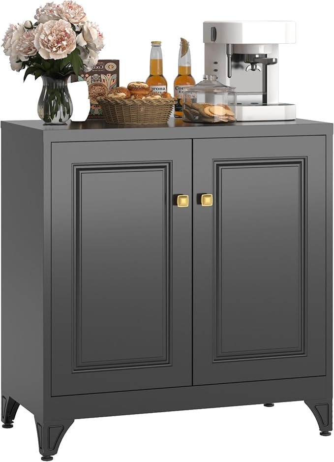 Metal Coffee Bar Cabinet,Kitchen Storage Cabinet,Black Buffet Cabinet with Storage and Adjustable Shelf,Sideboard Buffet Cabinets for Dining Room