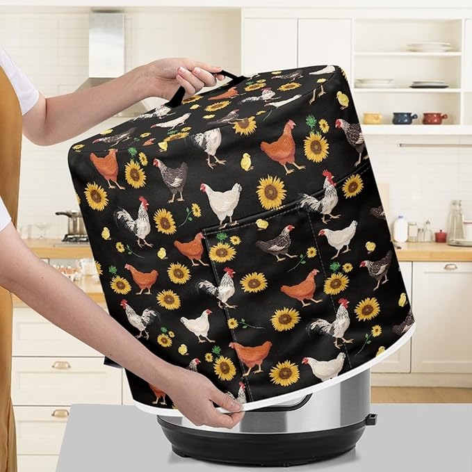 Insulated Pressure Cooker Appliance Cover, Also Fit for Rice Cooker, Air Fryer and Crock Pot, 6 Qt Dust Cover with Pocket for Spoon/Cooking Utensils/Recipes, Chicken Sunflower Black
