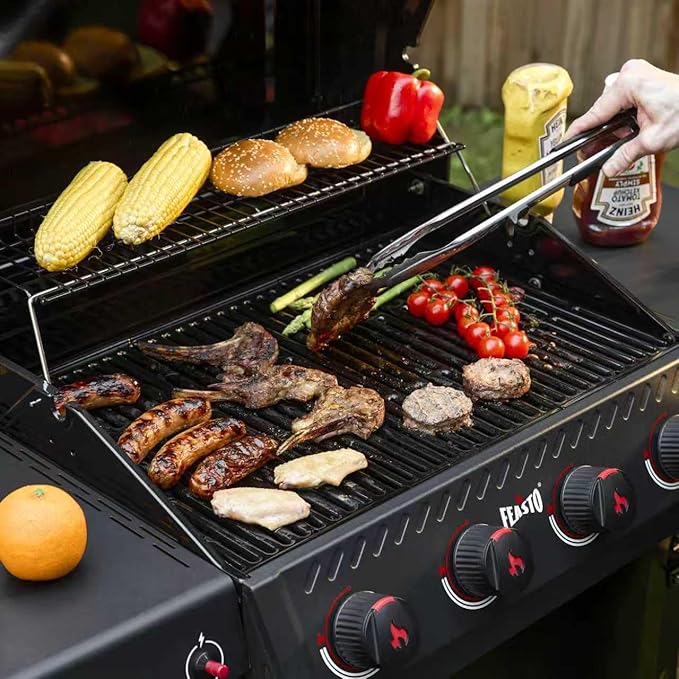 4 Burner Gas Grill, 36,000 BTU Outdoor BBQ Grill with Side Table for Outdoor Cooking & Backyard Barbecue, Premium Enameled Coated Chamber Body with Porcelain-Enameled Grates, Black
