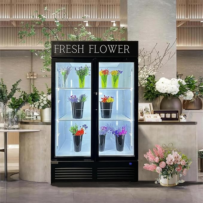 Commercial Flower Beverage Refrigerator Floral Display Fridge,Two Glass Door Drink Cooler with LED Light Adjustable Shelves,ETL Sanitation,43 Cu Ft,47" Wide,Wheels Included