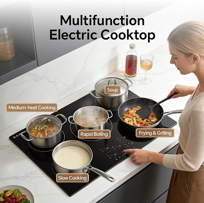 Ranein Induction Cooktop 30 Inch, Build-in 5 Burners Electric Stove Top, 9 Power Settings, Max 9200W, Sensor-Control Induction Hob with Multiple Safety Protections, Compatible with Magnetic Cookers