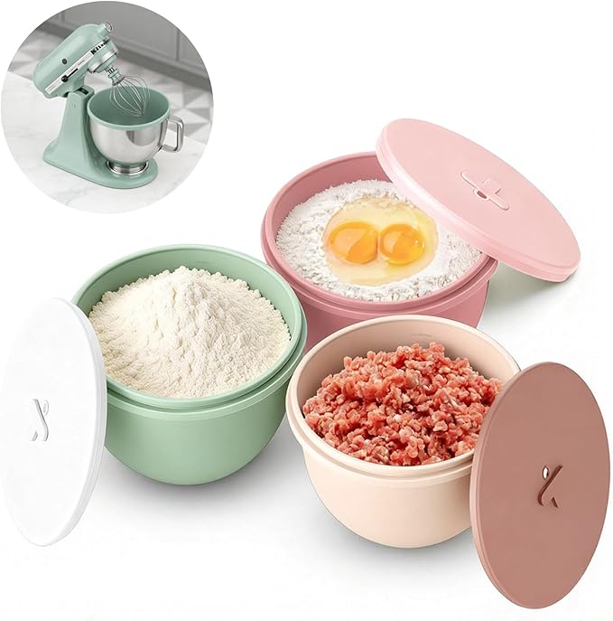 Omoiyari Premium Morandi Colors 3-Pack Silicone Bowl Liners with Lids for KitchenAid 7-Qt Bowl-Lift (Only), 2mm Extra-Thick Silicone, Odour-Free,Air Valves for Dough Proofing,Dishwasher Safe, BPA Free