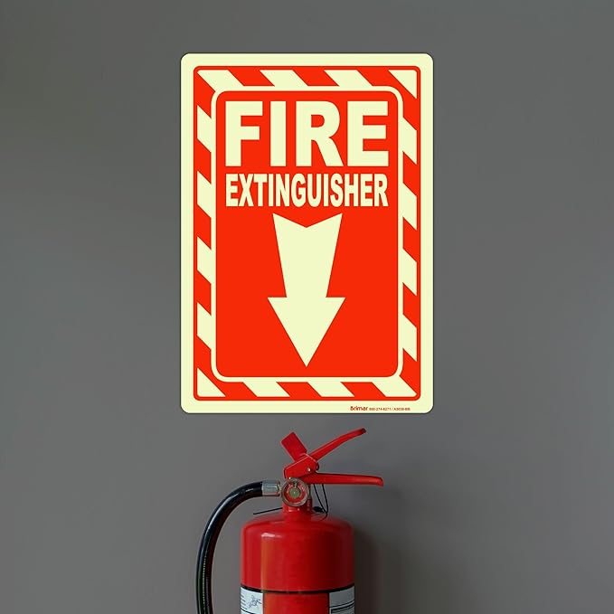 Brimar - 7" x 10" - Fire Extinguisher Sign - 4 Mil Glow-in-the-Dark Peel and Stick Polyester Label - Easy Installation - Versatile Use