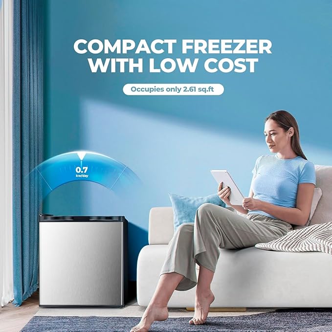 1.1 Cu.ft Upright Freezer, Small Mini Freezer with Adjustable Thermostat, Removable Shelves, Reversible Single Door, for Bedroom/Home/Dorms/Apartment, Silver