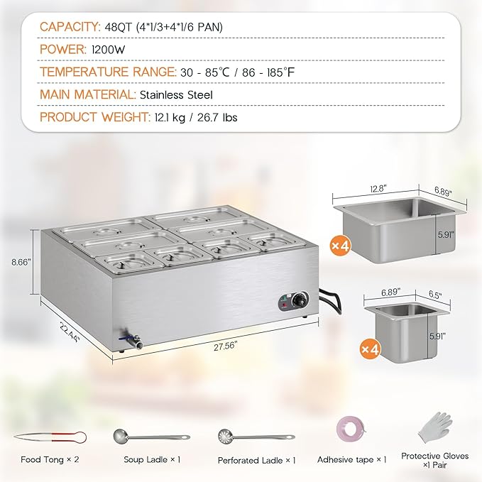 Jocisland 8-Pan Commercial Food Warmer, 48QT Electric Steam Table, 1200W Stainless Steel with Temp Control, Lid & Food Tongs for Catering and Parties, 110V