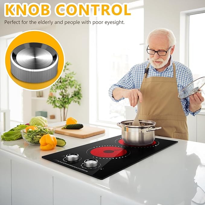 12 Inch Electric Cooktop, 2 Burner Electric Stove Top with 9 Power Levels, Knob Control, Auto shutdown and Residual Heat Warning, 2000W, Ideal for Countertop & Built-In Use (110-120V)