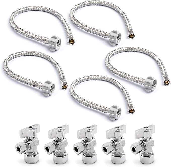 Stainless Steel Toilet Connection Kit - Braided Water Hose, 3/8" Compression x 7/8" Ballcock, 20" Length (5Pack) + Supply Stop Valves, 5/8" x 3/8" Compression (5Pack)