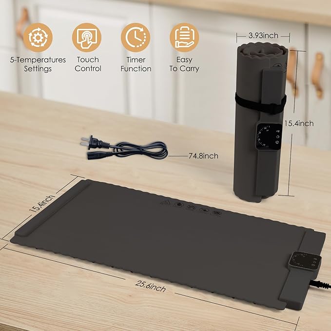 Food Warming Mat - 5 Temperature Settings, 4-Hour Timer, Child Lock, Flexible Silicone, Easy Clean, Multi-Use, Perfect for Home, Parties, and Picnics