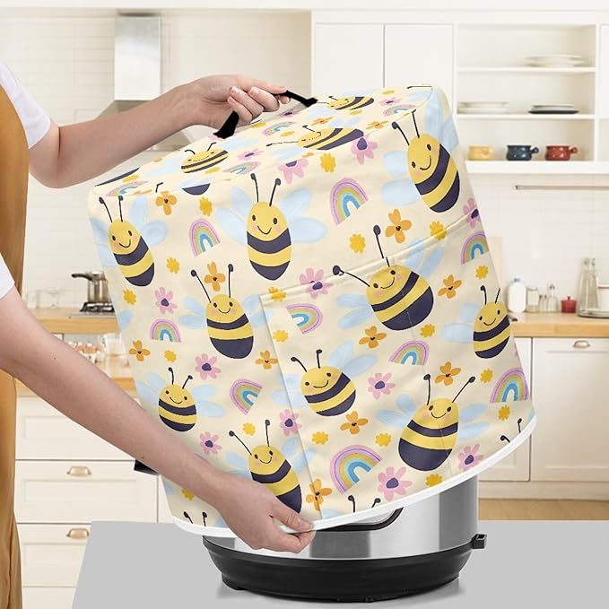TODIYADDU Rainbow Bee Pressure Cooker Cover with Handle and Storage Pocket for Extra Accessories Portable Kitchen Small Appliance Dust Cover Protective Case