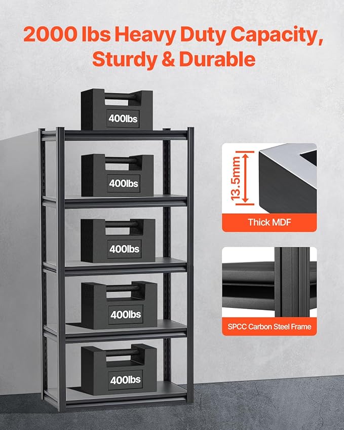 VEVOR Storage Shelves, 2000 lbs, 5 Tier Garage Storage Shelving, 16" D x 32" W x 63" H Adjustable Metal Shelves for Garage Shelves Utility Rack Shelf, Ideal for Kitchen, Warehouse, Basement, Black