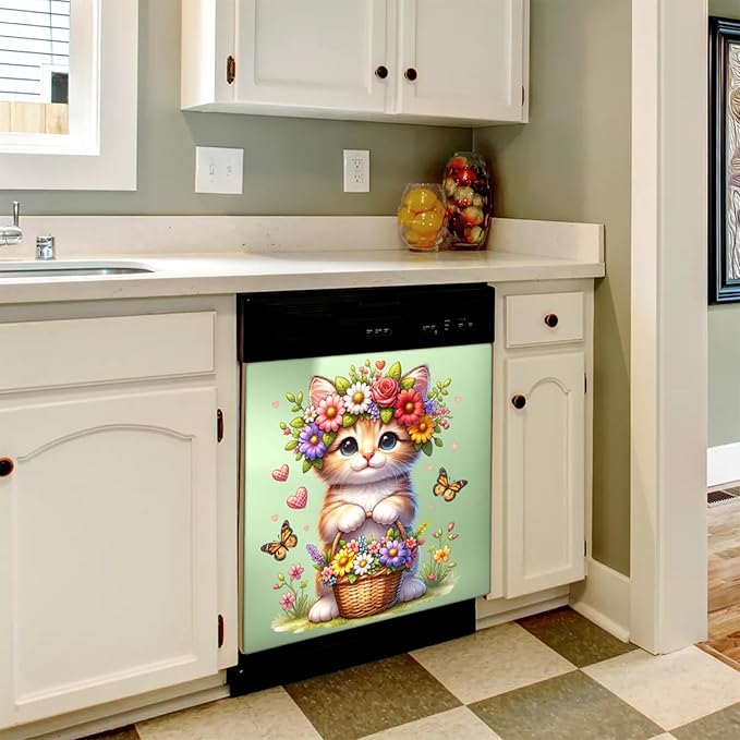 cat Flower sage Green Dishwasher Magnet Cover for The Front Dishwasher Door Cover Panel Decals Magnetic Refrigerator Cover for Kitchen Farmhouse Home Decor 23 X 26 in