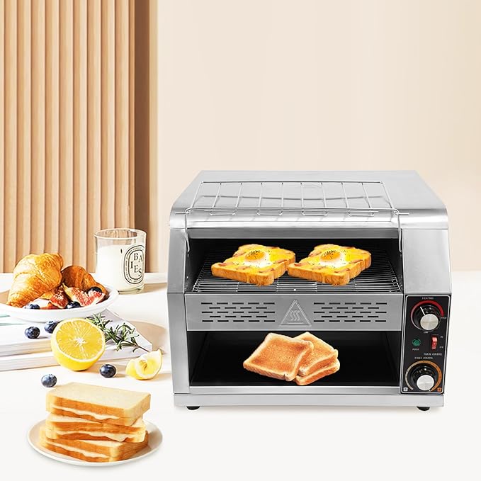 2400W Stainless Steel Countertop Bread Oven, Commercial Toaster Conveyor with Three Heating Modes & 7-Level Speed Control, 450 Slices/h, Rotating Toasters Oven for Toasting Bread, Sandwiches