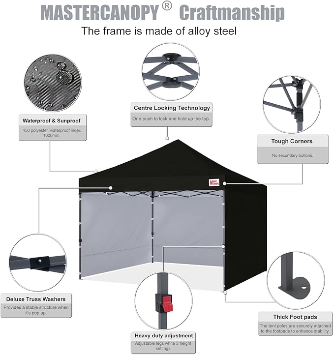 MASTERCANOPY Heavy Duty Pop-up Canopy Tent with Sidewalls (8x8,Black)