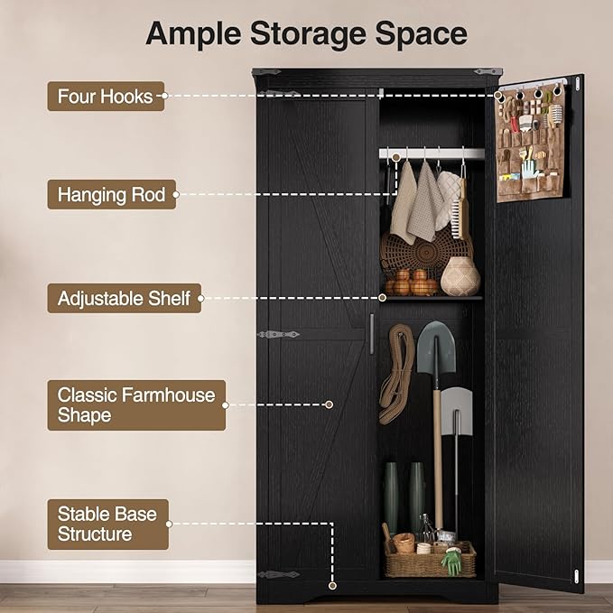 Tall Storage Cabinet with Adjustable Shelves, Farmhouse Pantry Organize with 2 Barn Doors, Large Freestanding Cabinet for Kitchen, Garage, Basement, Living, Utility Room, Black