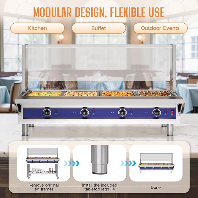 Jocisland 4-Pan 96QT Commercial Food Warmer, 1800W Stainless Steel Buffet Server with Independent Temp Controls, Acrylic Shield, Undershelf, Wheels, Food Tongs, 110V