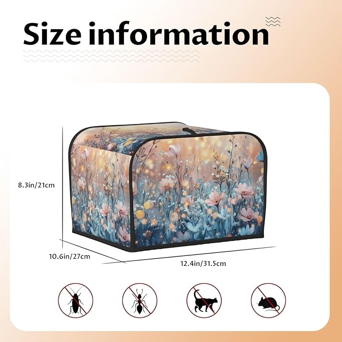 4 Slice Toaster Cover for Kitchen Flower Field Landscape Waterproof and Dustproof Toaster Dust Cover with Side Pockets Decorative Universal Cover for Wide Slot Toasters and Small Appliances