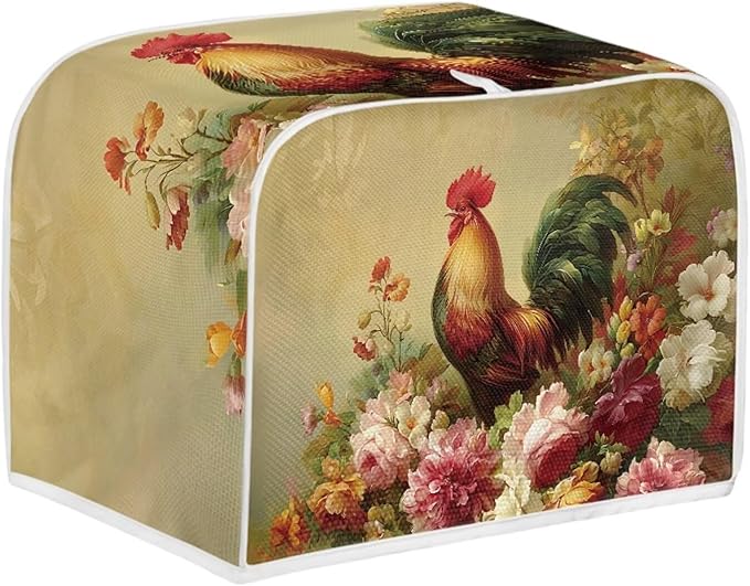 UNICEU Rooster Floral Print Toaster Cover 2 Slice Small Kitchen Appliance Covers Bread Machine Protection with Top Hook