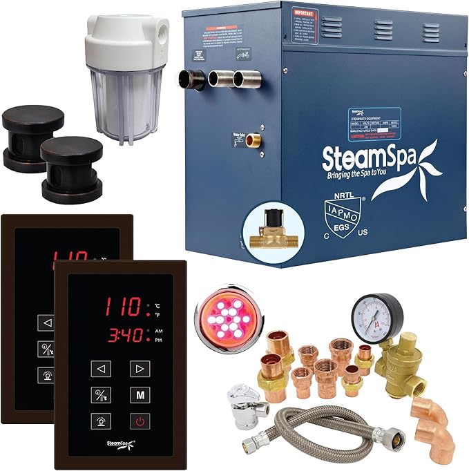 SteamSpa Executive 12 KW QuickStart ACU-Steam Bath Generator Package with Built-in Auto Drain in Oil Rubbed Bronze | Steam Generator Kit with Dual Control Panel Steamheads 240V | SS-EXT1200OB-A