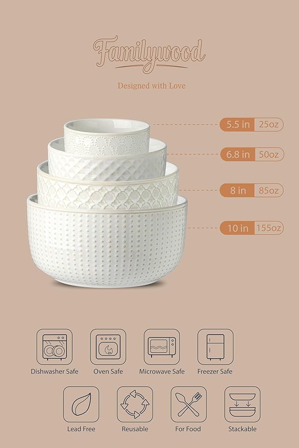 Ceramic Mixing Bowls, 27/53/84/162 oz, set of 4, Embossed large Mixing Bowl set, Serving bowls, Kitchen Dishware, Prep, Gift, Microwave and Dishwasher Safe, Modern Farmhouse Decor