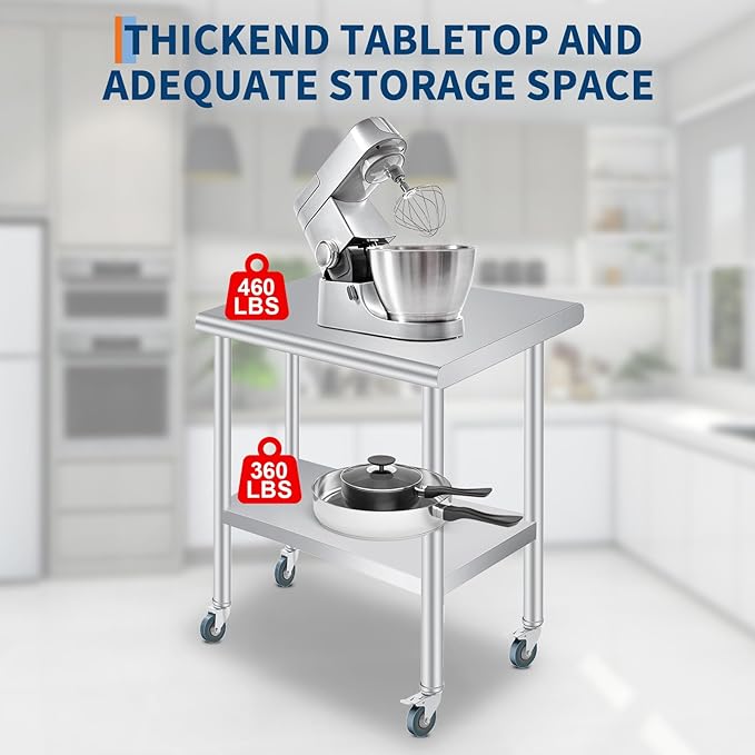  Stainless Steel Prep Table, 24 x 36 Inches Heavy Duty Commercial , with Rounded-Corner, Adjustable Undershelf and 4 Caster Wheels, Heavy Duty Work Table with Adjustable Under Shelf for Outdoor, Res