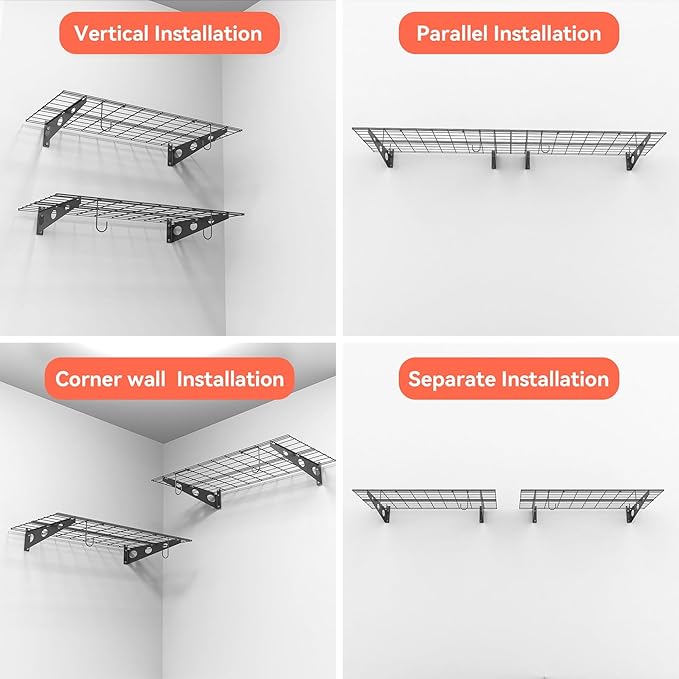 TORACK Garage 24 x 48 in/2 x 4 ft Wall Shelves, Heavy Duty Wall Mounted Wire Shelves for Garage Floating Shelf(Black, Pack of 2)