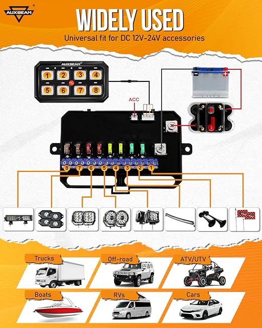 Auxbeam 8 Gang Switch Panel RA80 XL RGB 5 Inch Panel, 1" Larger Button Momentary Pulsed Toggle Switch Panel for Offroad SUV ATV UTV Truck Car Marine Boat, 2-Year Warranty