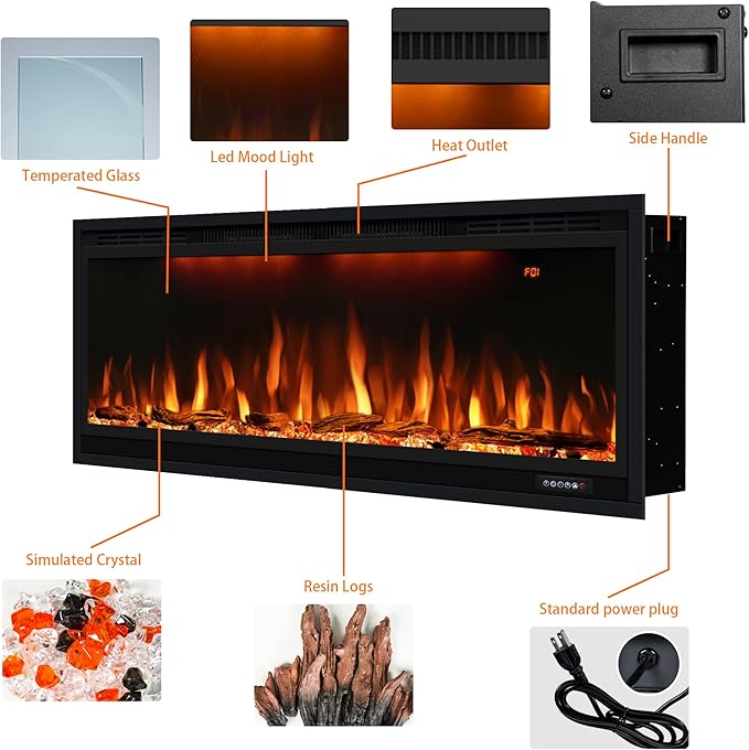 42 inch Smart Electric Fireplace with App Control, Wall Mount & in Wall recessed Fireplace Inserts, Multicolor Flame w/Realistic Log &Crystals, Overheating Protection and Timer, 750W/1500W, Black