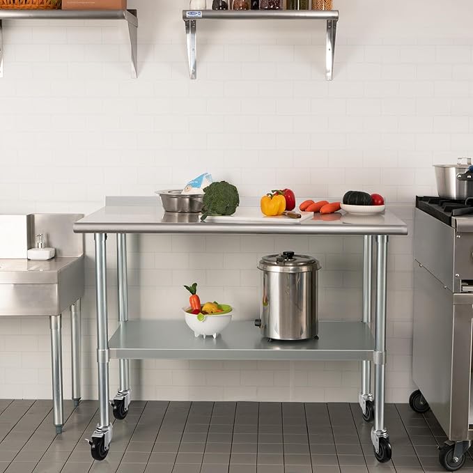 HARDURA Stainless Steel Table 24 x 48 Inches with Wheels Casters NSF Heavy Duty Commercial Prep Table with 2” Backsplash and Adjustable Undershelf for Restaurant Kitchen Home and Hotel