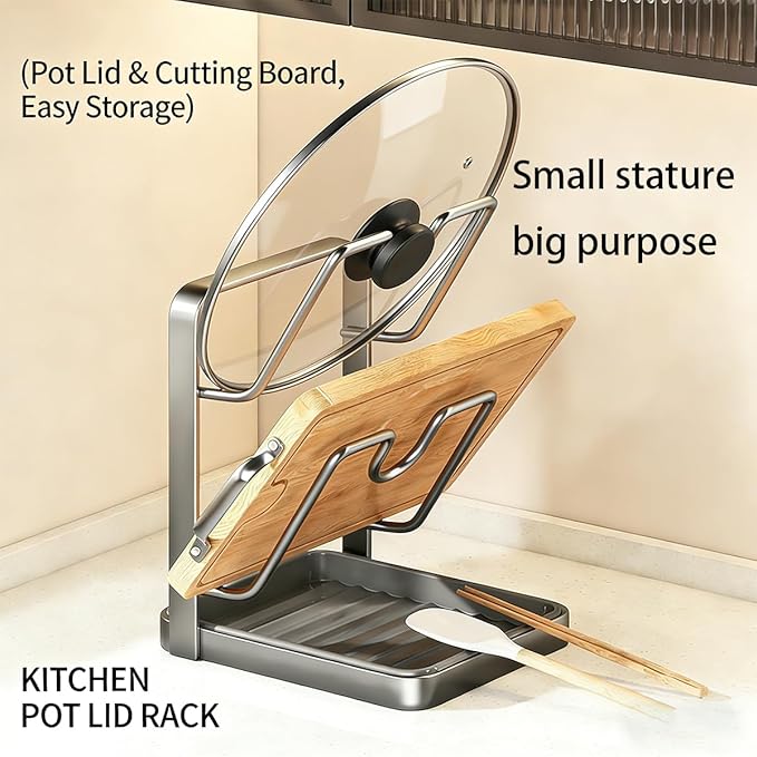 Kitchen Pot Lid Storage Rack, Multifunctional Stainless Steel Cookware Storage Rack With Removable Drip Tray, Space-saving kitchen Pot Lid Organizer, For Various Pot Lids (Grey, Double-Layer, 2PC)
