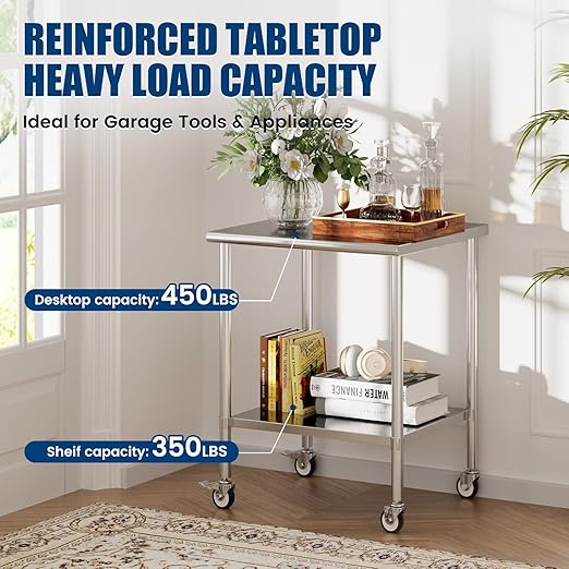 Stainless Steel Work Table with Wheels, 30x30 Inch NSF Kitchen Prep Table with Adjustable Undershelf for Commercial Restaurant, Garage, Outdoor BBQ