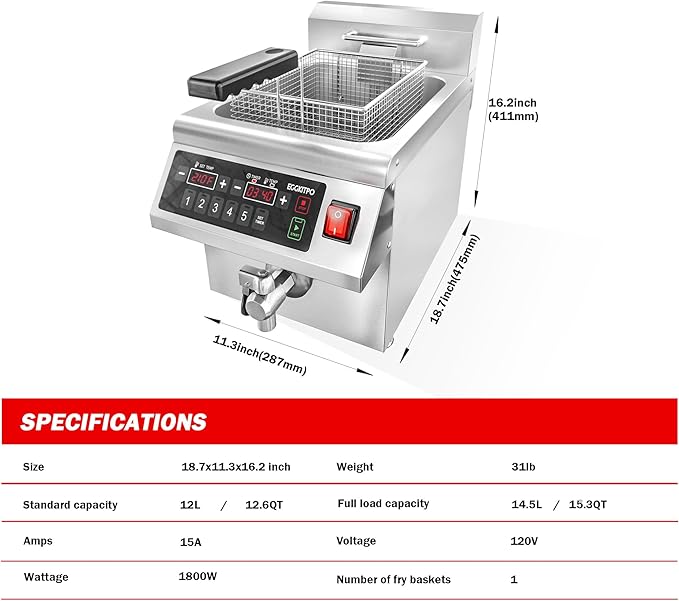 EGGKITPO 12.6 QT Commercial Fryer Induction Fryer with Timer and Drain Electric Deep Fryer with Basket and Lid 12 L Large Countertop fryer for Home Use Kitchen Commercial Business 120V 1800W