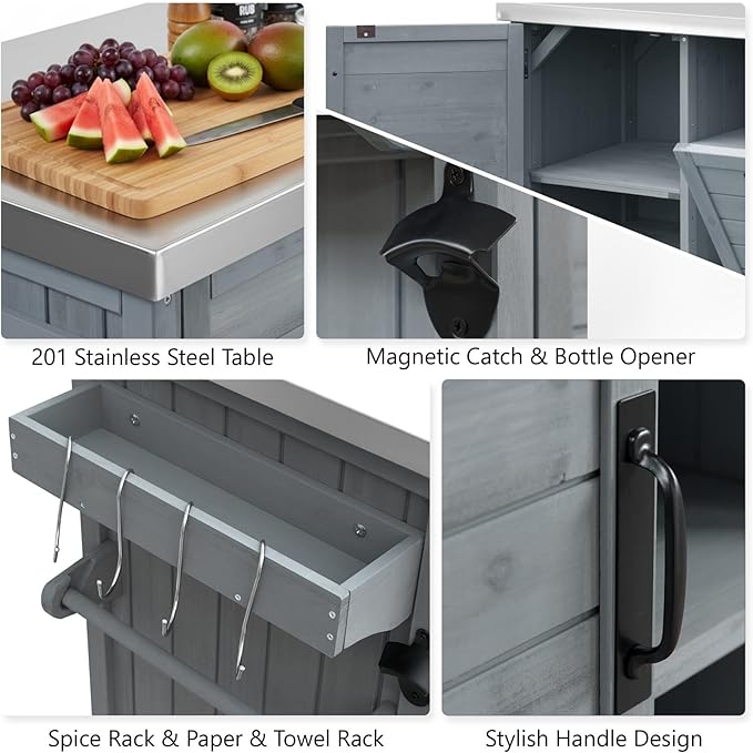 78.3" Outdoor Kitchen Island with Foldable Grill Table - Wooden Grill Cart with Stainless Steel Top, Trash Can Storage and Adjustable Shelves