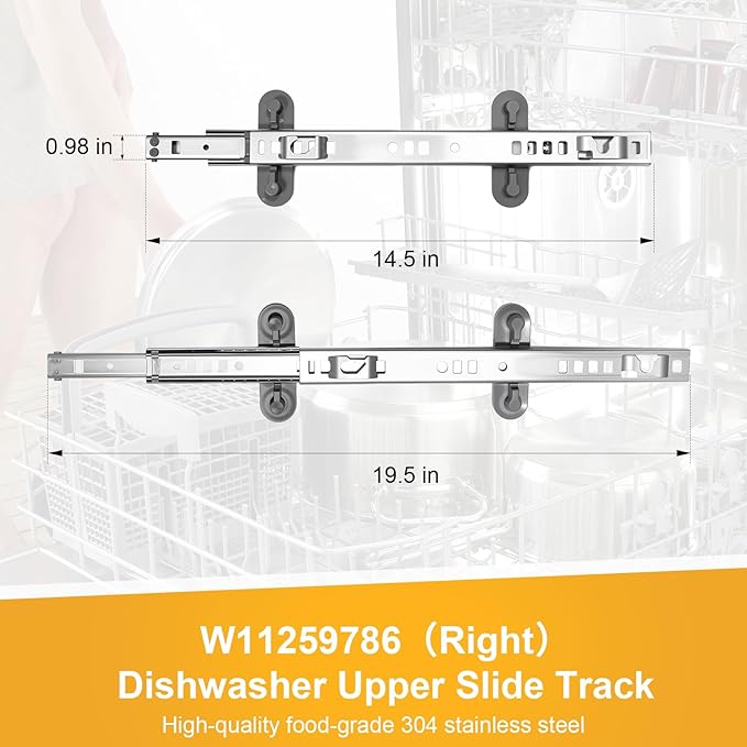 Upgraded W11259786 Dishwasher Dishrack Slide Track, Compatible With Whirlpool, KitchenAid, Kenmore, Maytag Dishwasher WPW10546503 AP6783993 PS12584377 (Right Slide)
